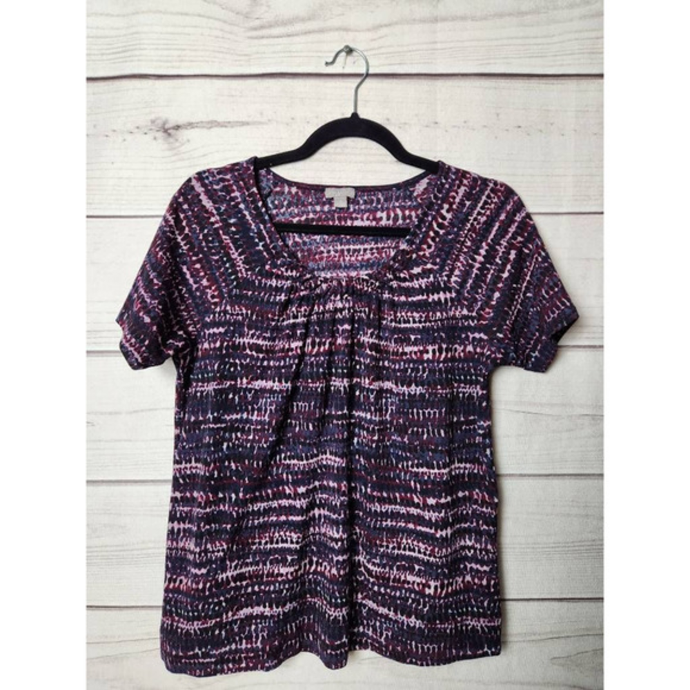 J. Jill Womens Blouse Multicolor Abstract Short Sleeve Raglan Pleated Artsy M